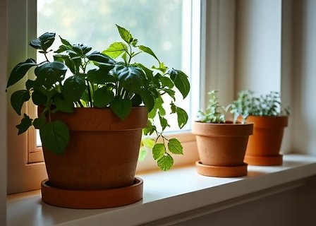 Fresh herbs growing on a windowsill in a German home