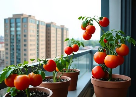 Urban balcony with growing tomatoes in Germany