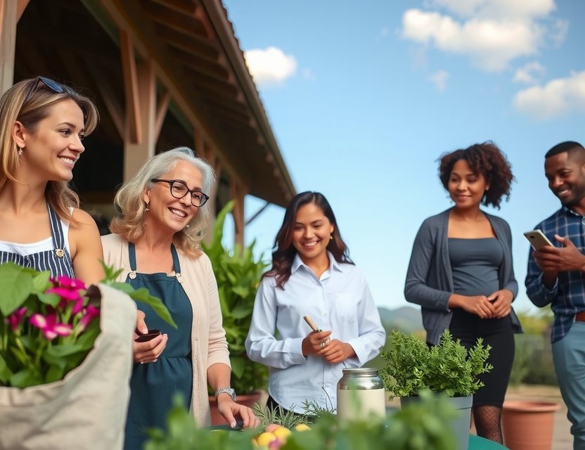 Community group discussing gardening tips outdoors